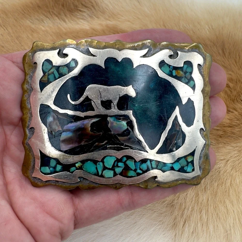 VTG Southwestern Panther Turquoise Abalone Chip Inlay Belt Buckle Mosaic Western